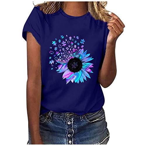 T-Shirt Damen Kurzarm Casual Sommer Lose Shirt Oversize Oberteile T-Shirt Bluse Frauen Casual Printing Kurzarm O-Ausschnitt Loose Tops (XXL,3blau)