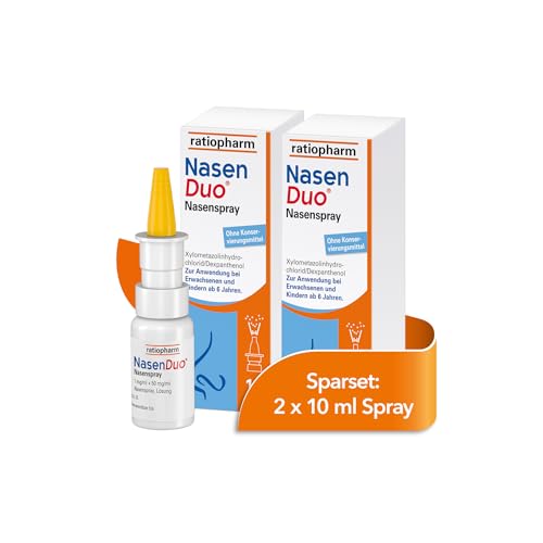 NasenDuo Nasenspray im Sparset 2 x 10 ml von ratiopharm. Stark zum Schnupfen, sanft zur Nase. Abschwellendes Nasenspray mit 2-fach-Wirkung: Befreit die Nase und fördert die Wundheilung