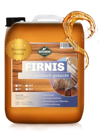 Martenbrown® Leinöl Firnis im 5l Kanister | Premium Holzöl 2-fach gekocht | Optimal für Innen & Außen | Natürlicher Schutz für alle Holzarten | Ideal für Möbel & Terrassen