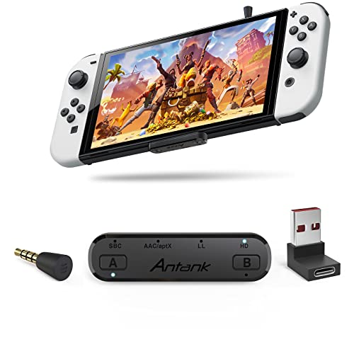 Antank Bluetooth Audio Sender unterstützt aptX-HD aptX Low Latency AAC SBC kompatibel mit Nintendo Switch/Lite/OLED/ PS4/ PS5/ PC Dual Streaming Bluetooth Adapter mit In-Game Sprachmikrofon