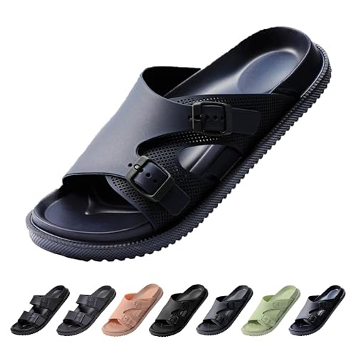 VEXTIO Pantoletten Damen Mit Schnallen Riemen weich Fußbett Verstellbar Sandalen Herren Sommer Hausschuhe Schlappen Buckle Breit Badeschuhe Weich Fest Sohle Schuhe Dunkelblau Gr. 42-43