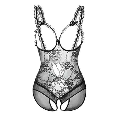 Sexy Damen Offener Schritt Damenunterwäsche, Spitze, offener Schritt, Taubrust, durchsichtig, sexy Bodysuit, Unterwäsche, Schlafkleid Hoch Geschnittene Dessous (Black, XXXXL)