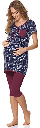 Bellivalini Damen Umstands Pyjama mit Stillfunktion BLV50-126 (Marineblau Sterne/Weinrot, XL)