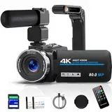 Videokamera 4K 80MP HD Camcorder für YouTube, 30FPS Webcam IR Nachtsicht Vlogging Kamera, 18X Digitalzoom 3,0 270°IPS Bildschirm Video Camera mit SD Karte, 2 Batterien, Fernbedienung, und Stabilisator
