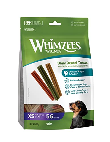 WHIMZEES By Wellness Stix, Kaustangen für sehr kleine Hunde, Hundesnack zur Zahnpflege, Größe XS, 56 Stück, ohne Zuckerzusatz, getreidefrei, natürlich, fettarm