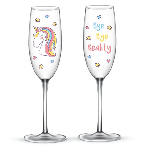 EinhornLiebe Sektgläser Set Einhorn Glas Bye Bye Reality für Champagner oder Sekt 2 Stück im Geschenk Karton