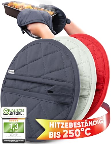 WOHNHELD® Ofenhandschuhe & Topflappen Set - 2 Stück - Extrem hitzebeständig 250° C - Waschmaschinen geeignet - Topflappen Handschuh - Topfhandschuhe Topfuntersetzer - 20 x 20 cm - Grau Rund