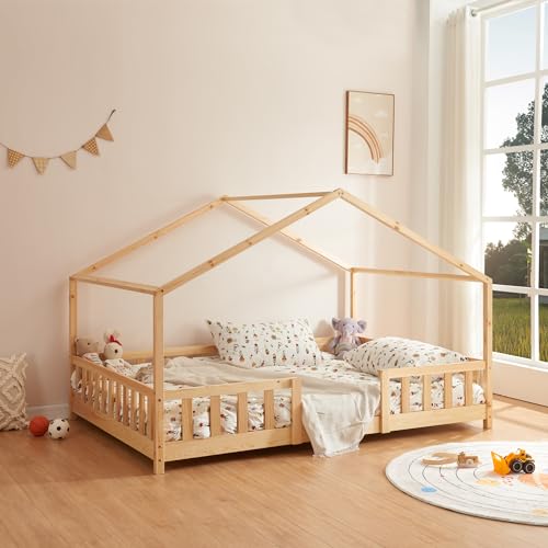 [en.casa] Kinderbett Treviolo Hausbett 140 x 200 cm Holzbett für Kinder mit Rausfallschutz Bettgestell mit Lattenrost Kiefernholz Holzfarben