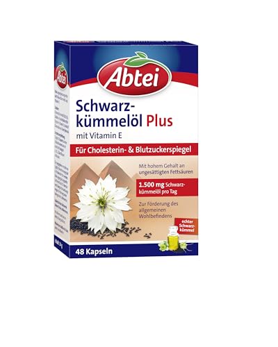 Abtei Schwarzkümmelöl Plus - mit Vitamin E - Nahrungsergänzung für Cholesterin- und Blutzuckerspiegel - 1 x 48 Kapseln