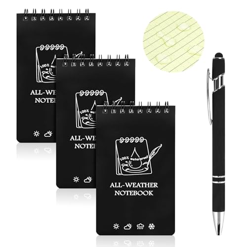 OT-NVWOZR 3PCS Waterproof Notebook, 3" x 5" All-Weather Pocket Notepad with Pen, Small Spiral Memo Pads Field Notes Pad, 50 Sheets Lined Pages for Outdoor Home Office School Recording (3, black)