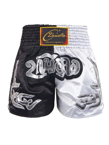 TiaoBug Jungen Klassische Thai Boxerhose Gemusterte Muay Thai Kurze Hose Kinder Sport Gym Fitness Kickboxing Training Pants gr. 110-170 Schwarz-Weiss 158-164