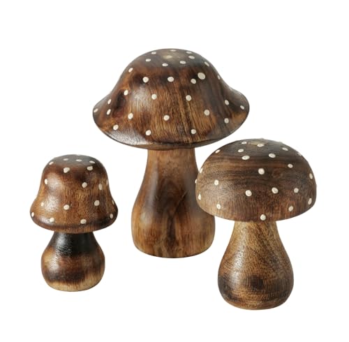 Spetebo Mangoholz Deko Pilze 3er Set zum Hinstellen - 10/8 / 7 cm - Holz Fliegenpilz Figur zur Herbst Dekoration - Holzpilz Dekopilz Waldpilz Herbstdeko Aufsteller Tischdeko