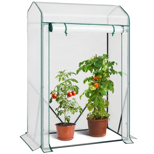 AMHANCIBLE Gewächshaus für Tomaten,Tomatengewächshaus mit PE Gitterfolie, 100 x 50 x 150 cm, Foliengewächshaus mit aufrollbare Tür, Spitzdach Foliengewächshaus für Garten zur Aufzucht, Weiß EGWH10WT