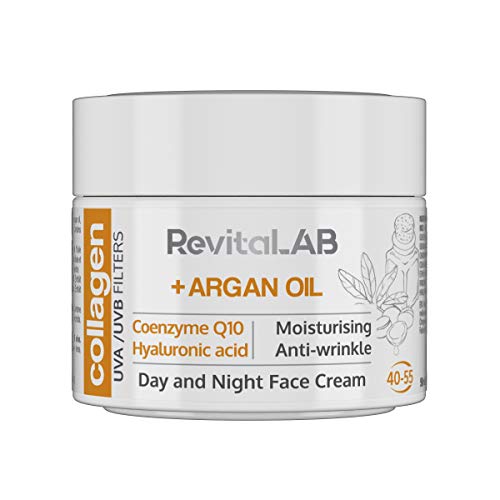 RevitaLAB Anti-Ageing Tages- und Nacht-Feuchtigkeitscreme mit Kollagen, angereichert mit Hyaluronsäure, Q10, Arganöl und einem UVA-/UVB-Filter, für Alter zwischen 40 und 55, 50 ml