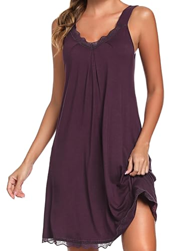 Uniexcosm Nachthemd Damen Ärmelloses Kurz Baumwolle Nachtkleid Spitze V-Ausschnitt Nachtwäsche Sexy rutschfeste Schultergurte Freizeitkleid Sleepwear Dunkelfuchsia L