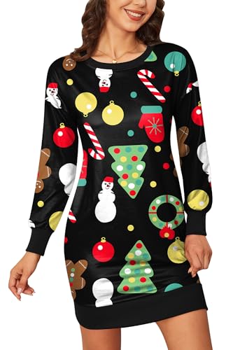 BesserBay Weihnachten Damen Partykleid Rundhals Langarm Lustige Drucke Christmas Minikleid Weihnachtsbaum XXL