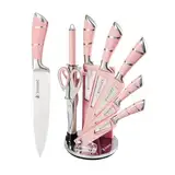 Justup 9-tlg Messerset mit Drehbare Acryl Messerblock, Rosa Sharp Antihaft Beschichtete Kochmesser Block Set,Edelstahl Messer Set für Küche mit Schärfer zum Schneiden Schneiden Würfeln Hacken (Rosa)