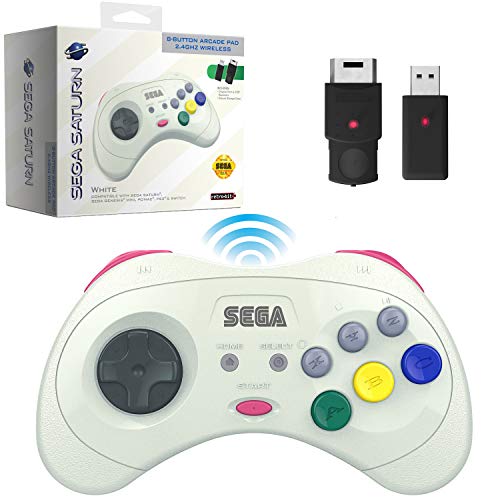 Retro-Bit Offizieller Sega Saturn 2,4 GHz Wireless Controller für Sega Saturn, Sega Genesis Mini, Switch, PS3, PC, Mac - Inklusive 2 Empfänger & Aufbewahrungskoffer (Weiß)