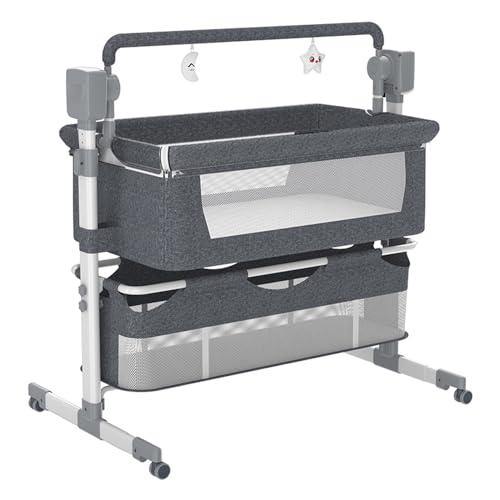 Magic ZC Beistellbett Baby mit Rollen, Convertible Faltbar Co-Sleeping Babybett, Fernbedienung und 5-schwankende Zahnräder mit Musik, Baby Kleinkind Wiege (Grey)
