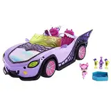 Monster High Ghoul Mobile - Lilafarbenes Cabrio mit schillernden Spinnennetzen, plüschigem Innenraum und Eiskühler in Sargform, Platz für 4 Puppen, Puppen Nicht enthalten, HHK63