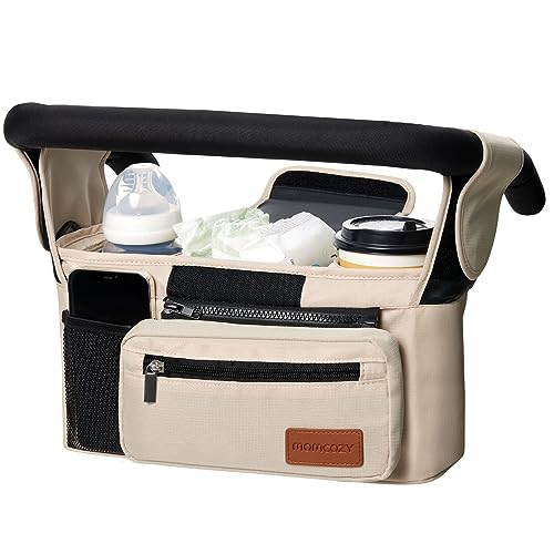 Kinderwagen Organizer Universal mit Isolierten Getränkehalter/Becherhalter, Momcozy Buggy Kinderwagentasche Baby Zubehör mit Reißverschlusstasche, Schultergurt und Stauraum für Windeln&Handys