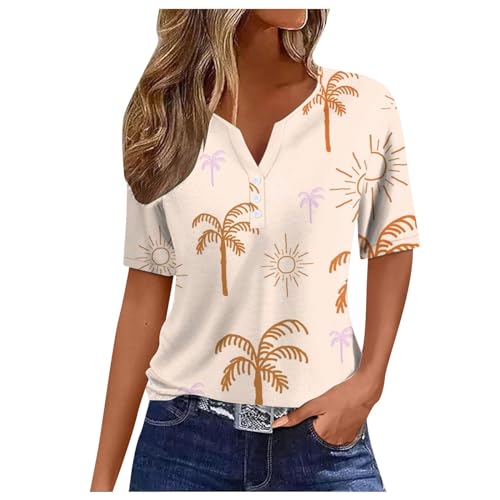 T-Shirt Damen Oversized Damen-L-Oberteile mit V-Ausschnitt Knöpfen Sexy Hemden Kurze Ärmel Elegante Blusen Geometrischer Aufdruck T-Shirt-Oberteil Sommer Lässige Modische Kurzarm mit (Beige, XL)