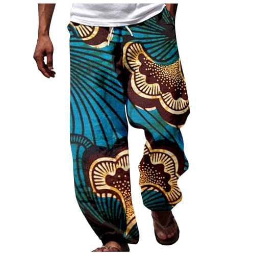 Radlerhose Herren Fussball Rot Kochhose Herren Baumwolle Männer afrikanischen Dashiki traditionellen Stil Casual Hose Sommer Hawaii Urlaub Ankara Strand Blumenhose Fitness Herren Kleidung (Blue, S)