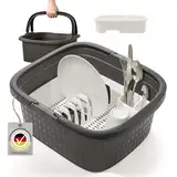 Hausfelder Camping Spülset – Spülwanne mit Henkeln & Abtropfgitter aus Kunststoff – leicht, robust für Outdoor-Küche & Wohnmobil (Anthrazit Schwarz Weiß, Wanne 16L + Abtropfgestell)