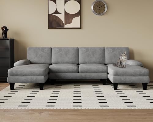 Flamaker Ecksofa mit Schlaffunktion, 292cm*111cm* 92cm Sofa mit 4 Kissen, U-Shape Sofa mit Abnehmbarer Sofabezug, Grau