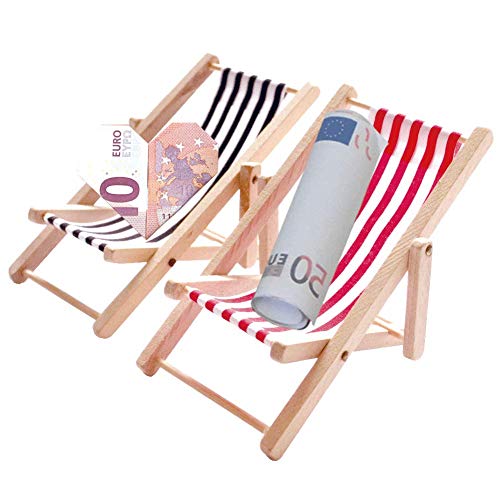 Miniatur Liegestuhl - 2 Stück 1:12 Holz Miniliegestuhl Strandkorb - Kleiner Strandstuhl für DIY, Zen Garten, Strand-Mikrolandschaft Deko, Mini Möbel Modell Zubehör mit Rot/Schwarz