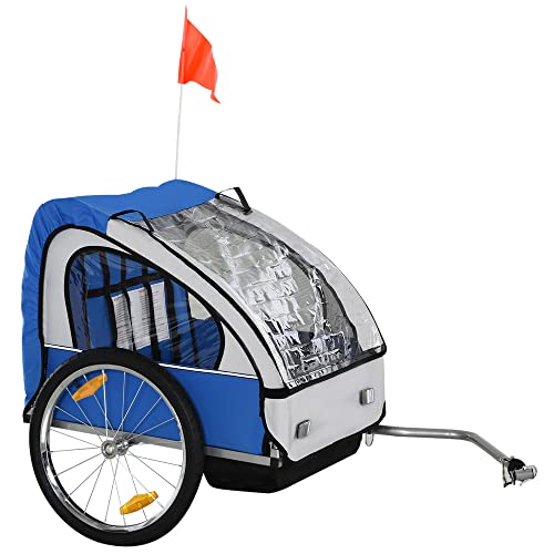 HOMCOM Kinderanhänger Kinderfahrrad geeignet für 2 Kinder, Stahlrahmen, Sitzträger mit Sicherheitsgurt, für Kinder ab 18 Monaten, Oxford-Gewebe, Stahl, 130x76x88 cm, Blau+Weiß