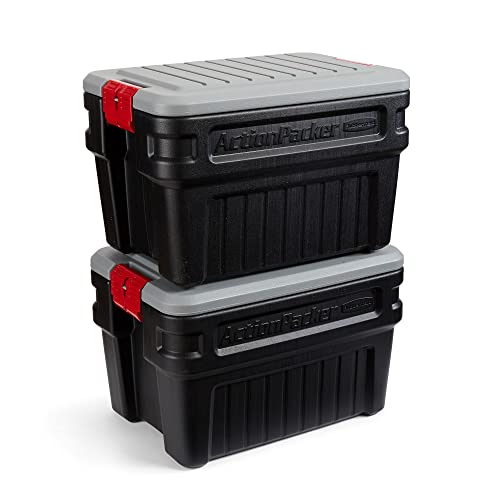 Rubbermaid ActionPacker 24 Gal Abschließbare Aufbewahrungsbox, 2 Stück, Outdoor, Industrie, robust, Grau und Schwarz