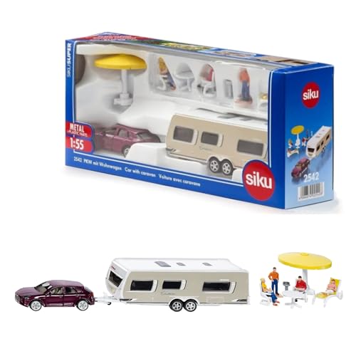 siku 2542, PKW mit Wohnwagen, Figuren und Campingausstattung, 1:55, Metall/Kunststoff, Mehrfarbig