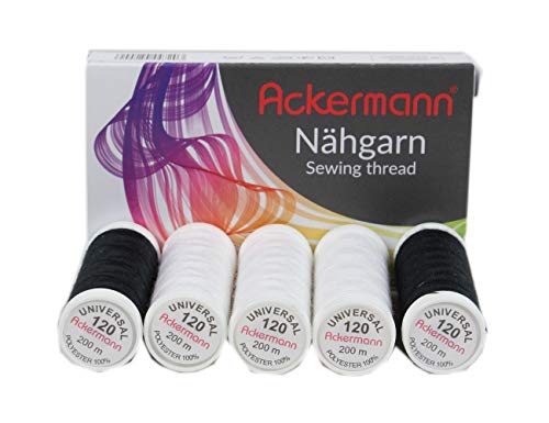 Ackermann 5X 200m UNIVERSAL NÄHGARN (Allesnäher), Stärke 120, 100% Polyester, reißfest (3X Weiß + 2X Schwarz)