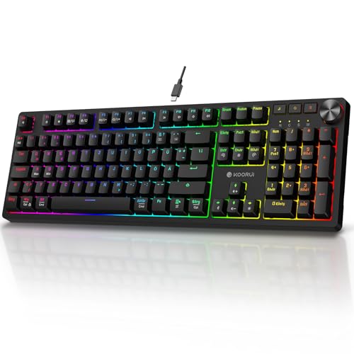 KOORUI Gaming Tastatur, Mechanisch Tastatur QWERTZ Deutsches Layout 104 Tasten 26 RGB Hinterleuchtet Kabelgebunden Gaming Keyboard für Windows MacOS Linux-Rotem Schalter