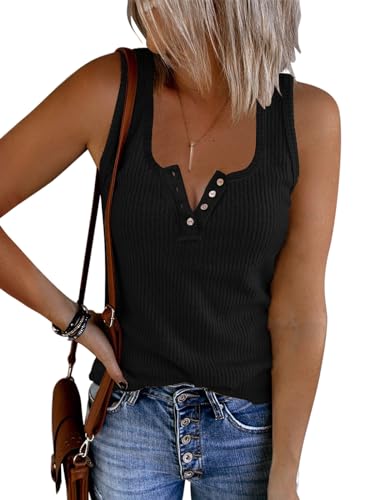 Saodimallsu Damen Tank Tops mit V-Ausschnitt Sommer Gerippte Ärmellose Henley Bluse Beiläufige Lose Geknöpfte Cami Strick T-Shirts Z1 Schwarz L