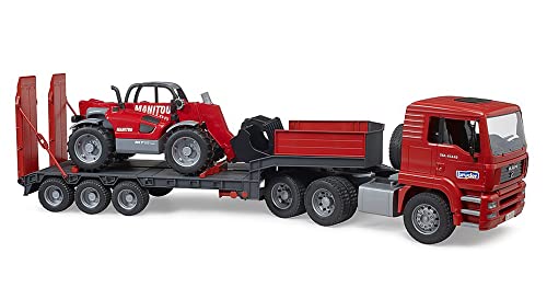 bruder 02774 - Man TGA Tieflader mit Manitou Teleskoplader MLT 633-1:16 Fahrzeuge, Tieflader, Transporter, LKW, Radlader, Spielzeug ab 3 Jahre