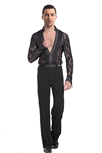 BOZEVON Herren Klassiker Latein Tanz Hemd Anzug Kostüme Performance Tanzen Spitze Hemd & Hose Jazz Outfits, Schwarz(Set), Tag 3XL = EU 2XL