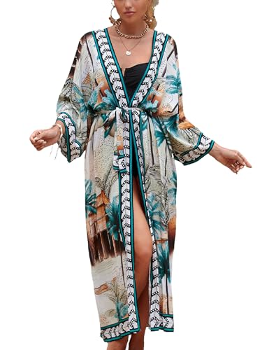 Jarseila Damen Kaftan Boho Kimono Lange Strickjacke Damen Kaftan Strandkleid Übergroßer Bikini Cover Up Geräumige Vertuschungsroben Sommer Beachwear #B-Grüne Blätter