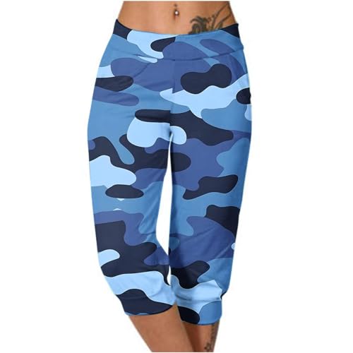 Keepink Capri-Leggings für Damen, hohe Taille, elastisch, Jeggings, Camouflage-Shorts, bauchfreie Sweathose, knielang, Caprihose, Jogger, Workout, Laufhose mit Taschen, 14 x mehrfarbig, 38