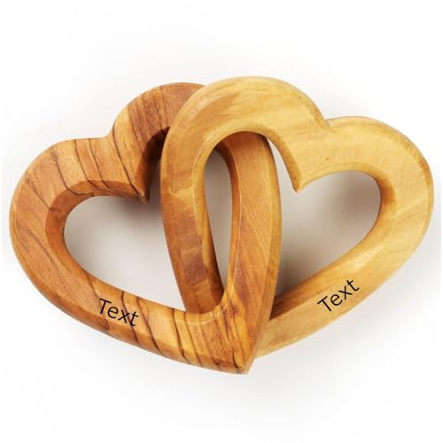 Kassis Geschenkartikel personalisierte Olivenholz-Herzen für Brautpaar, zum Valentinstag, Jubiläum, Hochzeitstag, Geburtstag - verbundene Holz-Herzen - Hochzeitsgeschenk - (7,50 cm)