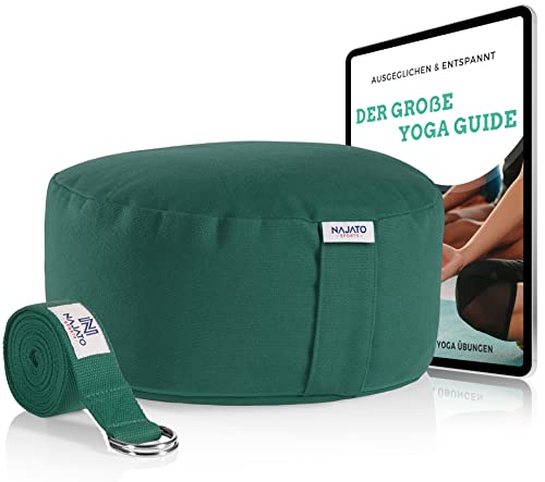 NAJATO Sports Meditationskissen – Mit Yogagurt & E-Book (PDF Datei) – Yogakissen mit Buchweizenschalen-Füllung – Rundes Yoga Kissen mit waschbarem Bezug aus Baumwolle