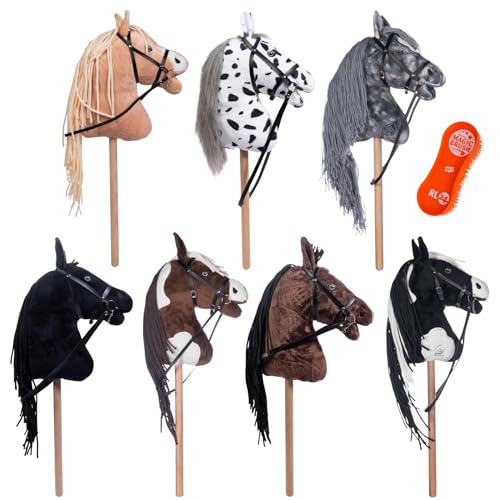 RL24 HKM - Hobby Horse Clara inkl MagicBrush | Steckenpferd mit Trense | Spielpferd aus Plüsch mit Holzstock & Langer Mähne | Stockpferd ohne Griffe & Rollen | grau