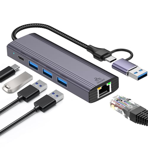 5-in-2 USB C to Ethernet Adapter 1000 Mbps with 3 x USB 3.0 & 1 x USB-C, USB 3.0 to RJ45 Gigabit LAN Network Adapter Nylon Braided & Aluminium Alloy Ethernet Hub for PS4/5, MacBook, Surface, XPS, ETT