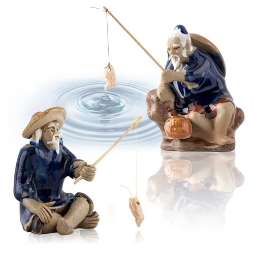 HESUSUSI Harz Figuren Angeln, 2 Stück Miniatur Fischer Statue Angeln Alter Mann Figur Angeln Figuren Dekoration Alten Mann Garten Statue für Aquarium Micro Landschaft Bonsai Fee Garten Dekorationen