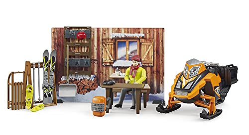 bruder 63102 - Bworld Berghütte mit Snowmobil & Figur - 1:16 Schneemobil Skifahrer Winter Spielzeug Themenset