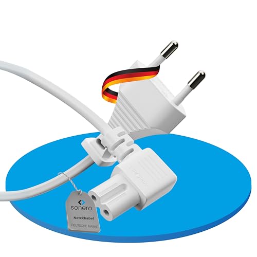 sonero Stromkabel Netzkabel 2 Polig, 2,0m, Eurostecker Typ C Netzstecker auf IEC Buchse C7 Euro 8 Stecker, 90° Winkel Netzteil Strom Kabel für TV, PS5, PS4, PS3, Haushaltsgeräte, Weiß