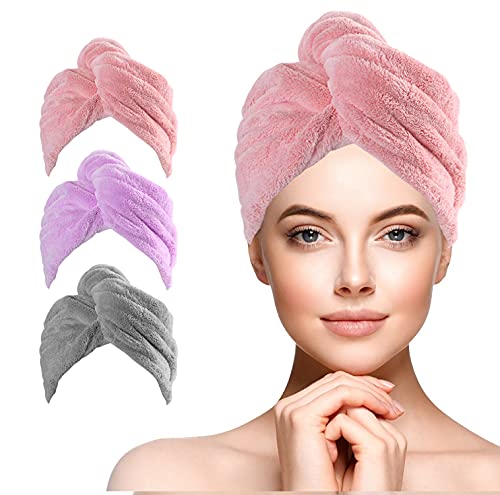 URAQT Haarturban Handtuch, 3 Stück Mikrofaser Turban Handtücher Schnelltrocknend Handtuch, Damen Haarturban Verdreht mit Knopf für Handtücher Frauen Mädchen Lange Lockiges Nasses Alle Haartypen(A)