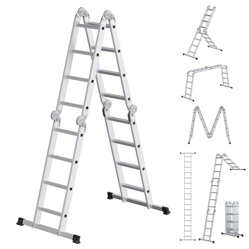 SONGMICS Leiter, Mehrzweckleiter, Trittleiter, Aluleiter, Haushaltsleiter, 4 x 4 Stufen, bis 150 kg, 16 Stufen, in 6 Positionen, 430 cm lang, silbern GLT046E01