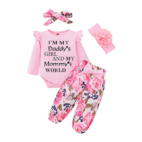 UUAISSO Neugeborenes Baby Mädchen Kleidung Papas Mädchen Langarm Strampler Tops Blumenhosen Sets Stirnband Säuglingsmädchen Herbst Outfits Rosa 0-3 Monate